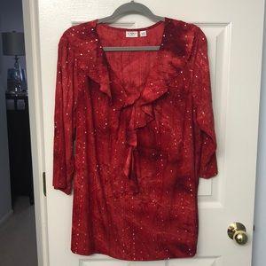 Fun red embroidery sequin ruffled V-neck top